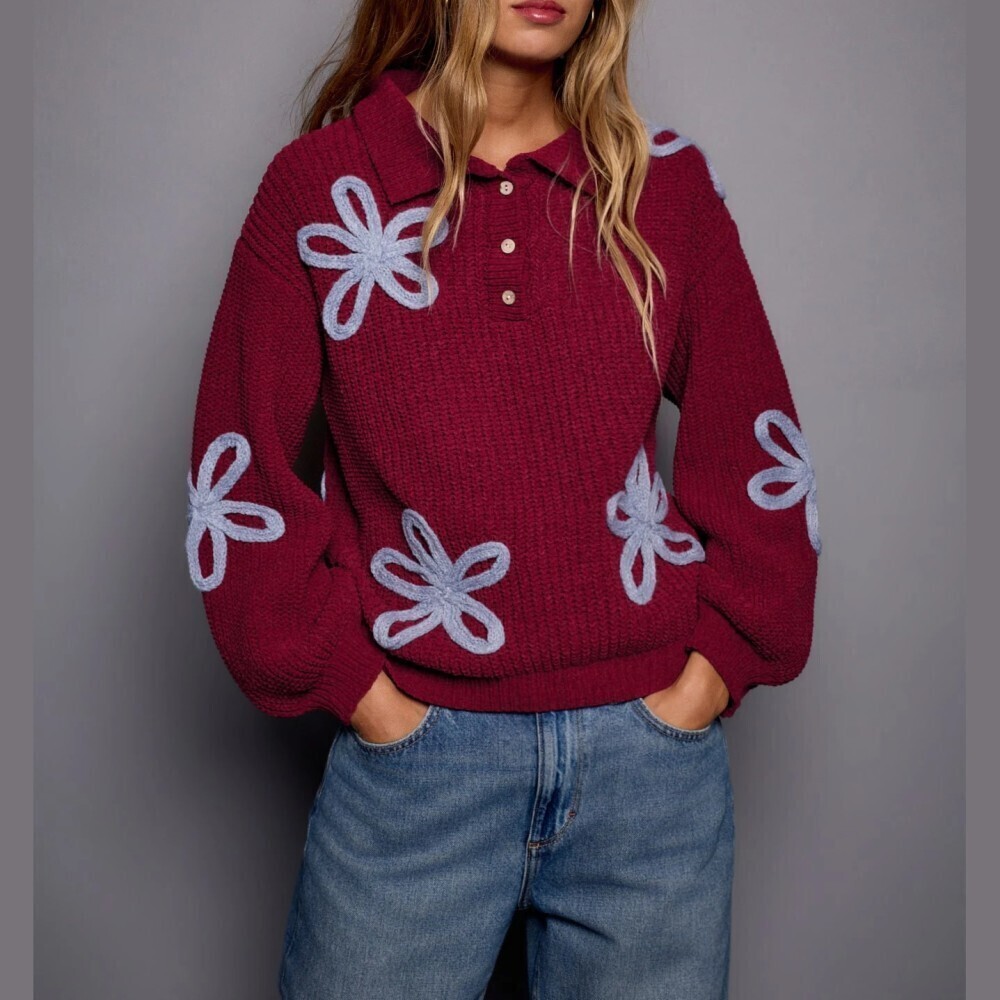 Burgundy Ribbed Knit Floral Applique Polo Collar Sweater